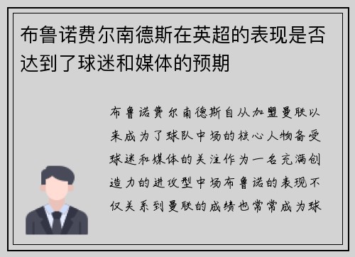 布鲁诺费尔南德斯在英超的表现是否达到了球迷和媒体的预期
