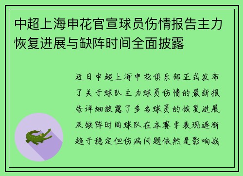 中超上海申花官宣球员伤情报告主力恢复进展与缺阵时间全面披露