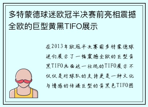 多特蒙德球迷欧冠半决赛前亮相震撼全欧的巨型黄黑TIFO展示